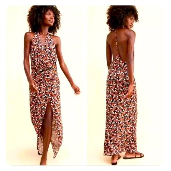 NWT Free People Daria Halter Maxi Dress Black Combo Orange Boho Beach Summer - Picture 1 of 7